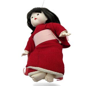 Traditional JAPANESE Porcelain DOLL In Red Kimono With Pink Obi And Pillow Decor